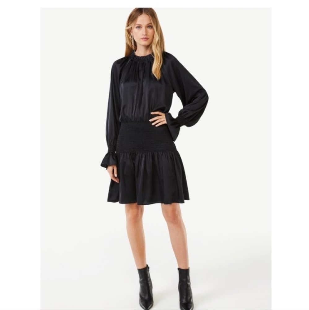Scoop Women's Ruffle Mock Neck Mini Dress with Smocked Waist